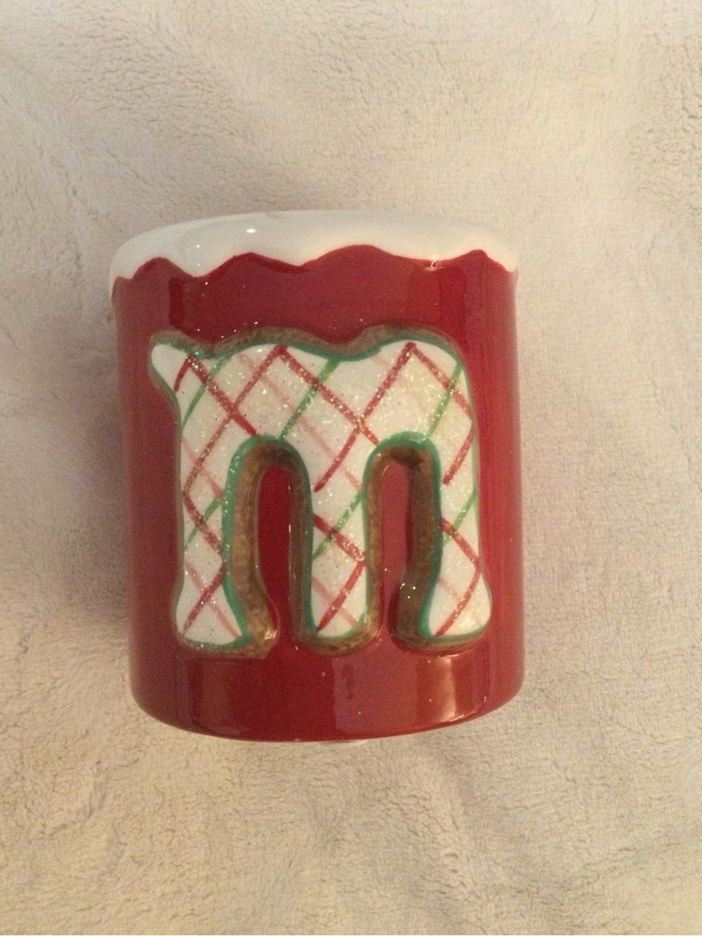Holiday Red Ceramic M Cookie Jar - Festive Plaid Design scented Candle New